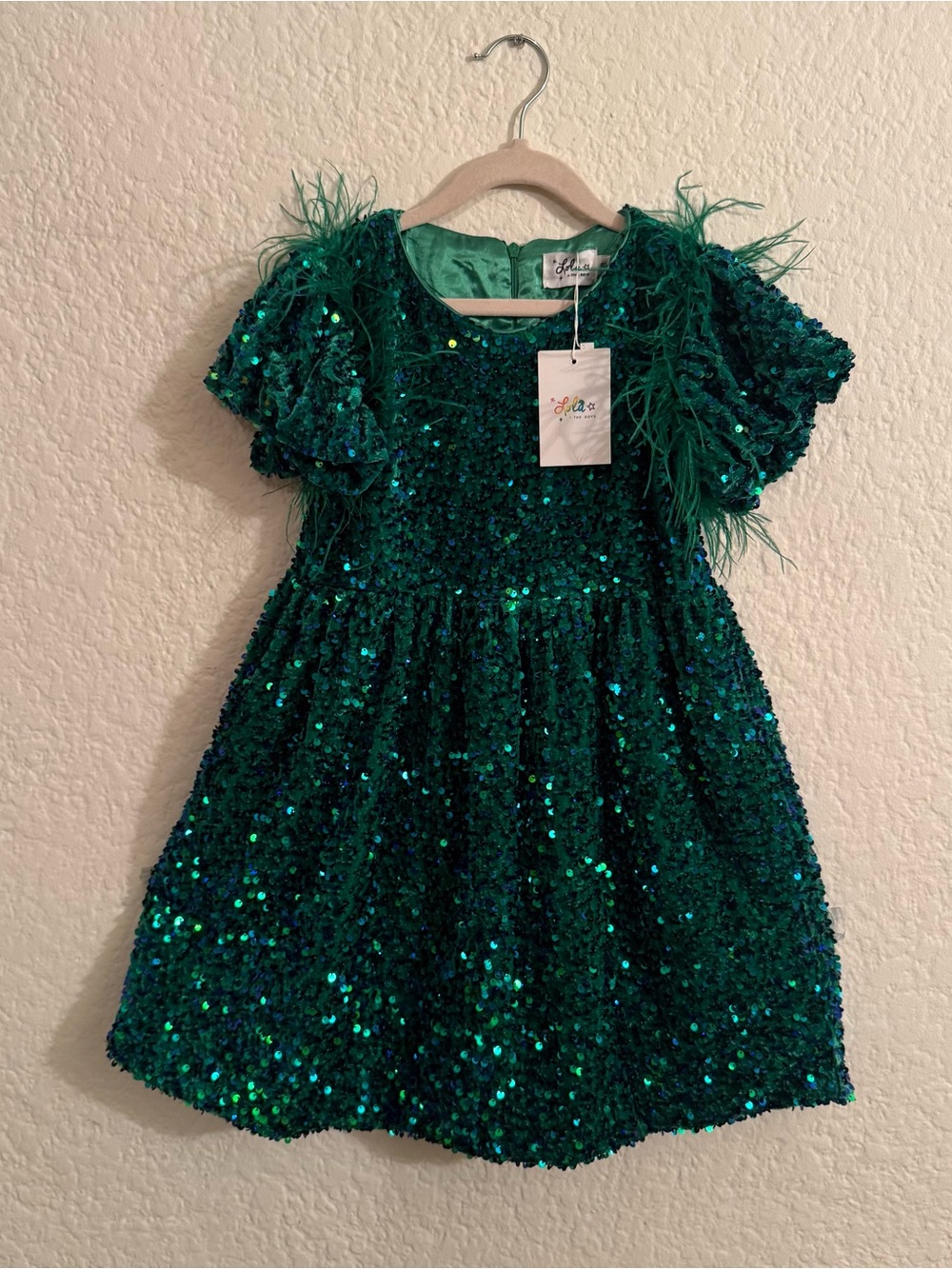 NWT Lola + The Boys sequins feather emerald green Shimmer Party Dress sz 8